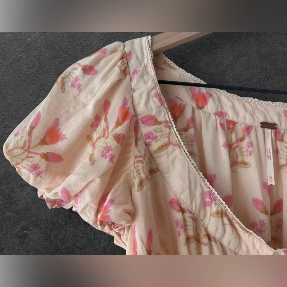 Free People Easy to Love Ivory Puff Sleeve Floral Crop Top Size XS